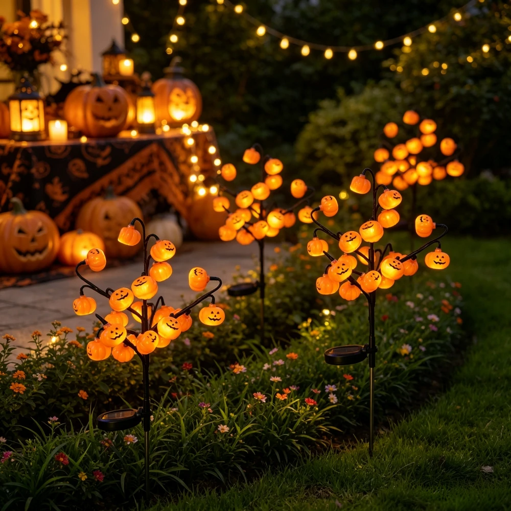 20LED Halloween Outdoor Solar Pumpkin Tree Stake Lights, Waterproof LED Ground Stake Light for Holiday Garden Yard Pathway Decor