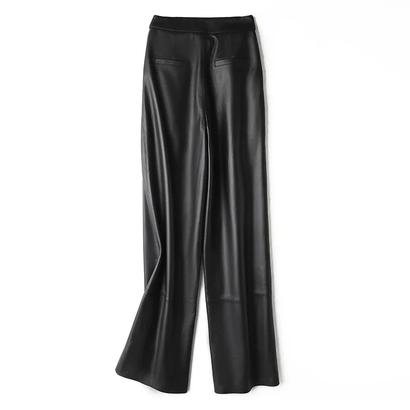Tao Ting Li Na Women Real Leather Pants Spring and Autumn New High Waist Sheepskin Slim Cuff Straight Pants Wide Leg Pants