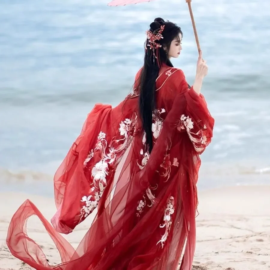 Elegant Fairy Hanfu Women Floral Embroidery Sheer Chiffon Wide Sleeve Overshirt Ancient Chinese Cosplay Long Flowy Maxi Dress