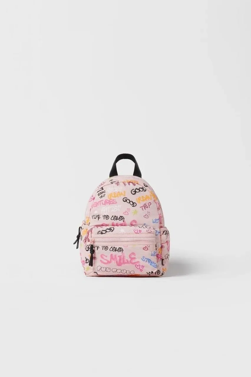 Teen Girl\'s Graffiti Print Backpacks Children Breathable Light Canvas Cute Schoolbag Babies Fashion Versatile Pink Mini Bags