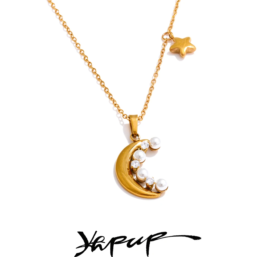 Yhpup Exquisite Zircon Pearl Moon Star Drop Necklace 2025 Popular Stainless Steel Chic Collar Jewelry for Women
