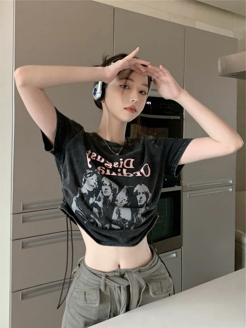 American Retro ort Sve T-irt Donna Estate Nuovo Design Sensuale Ombelico Esposizione ort Sle Top Coreano Sle rotondo...