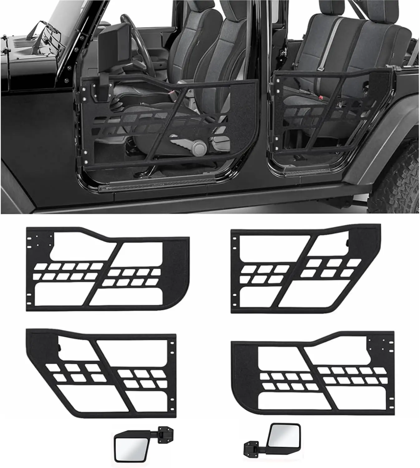 Off Road Tubular Trail Doors with Side View Mirror Compatible with Wrangler  for 2018-2025 Jeep Wrangler JL 4 Front & Rear Tube Half Doors for Offroad Adventure