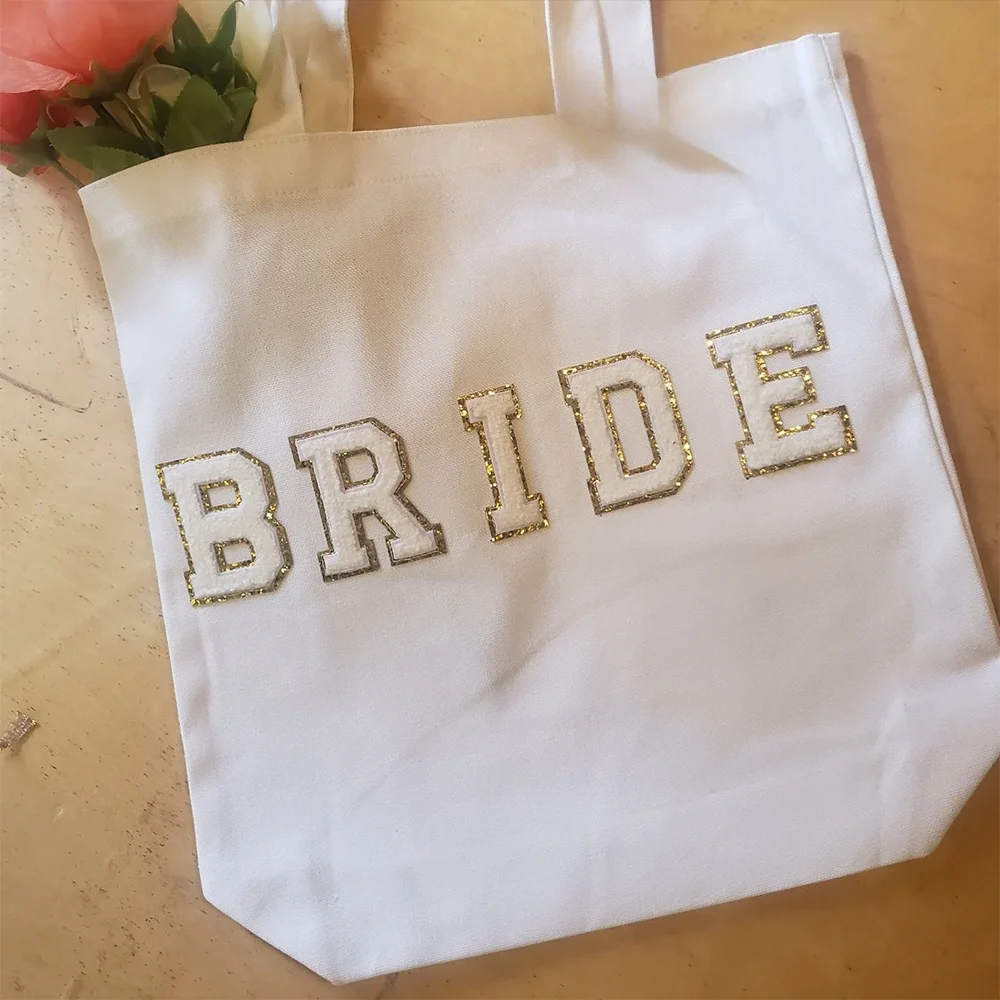 Braut-Tragetasche mit Buchstaben-Patch, Geschenktasche für Brautjungfern, Hochzeits- und Junggesellinnenabschied-Geschenk, Einkaufstasche für die zukünftige Braut – Detail 2