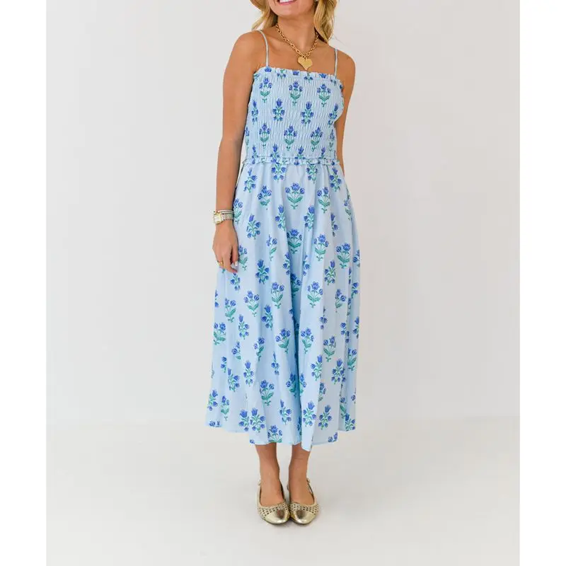 Combhasaki Women Summer Thin Spaghetti Strap Dress Floral Print Ruffled Trim Smocked Sleeveless Square Neck A-line Long Dress