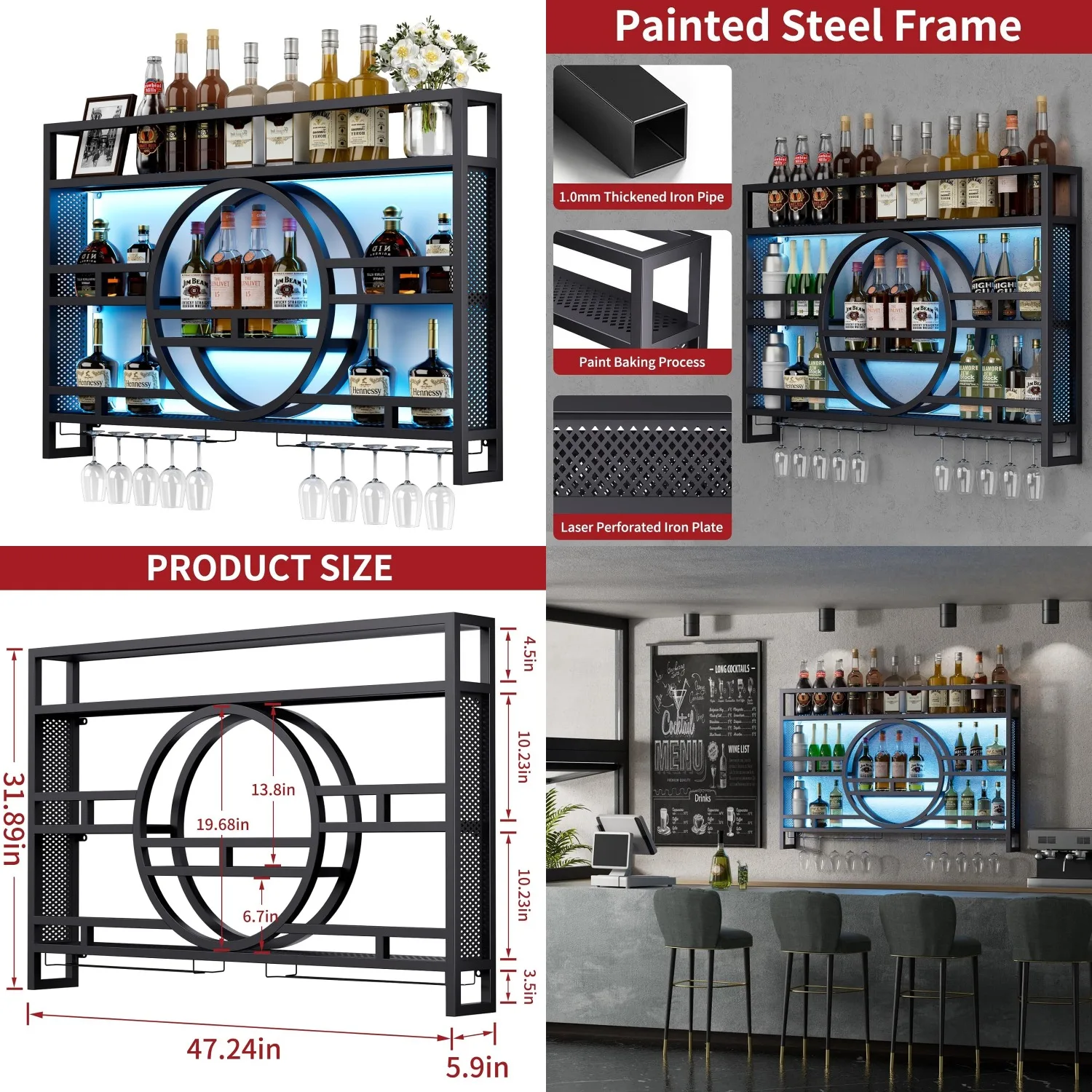 

Настенная винная полка на 3 уровня (47 дюймов) со светодиодной подсветкой и держателем для бокалов, для домашнего бара, без сборки, на заказ