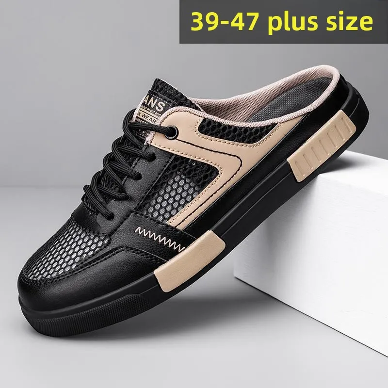 2026 Half Drag Men's Shoes Summer Breathable Thin Hollow Large Size Casual Mesh Shoes Light Board Shoes Men