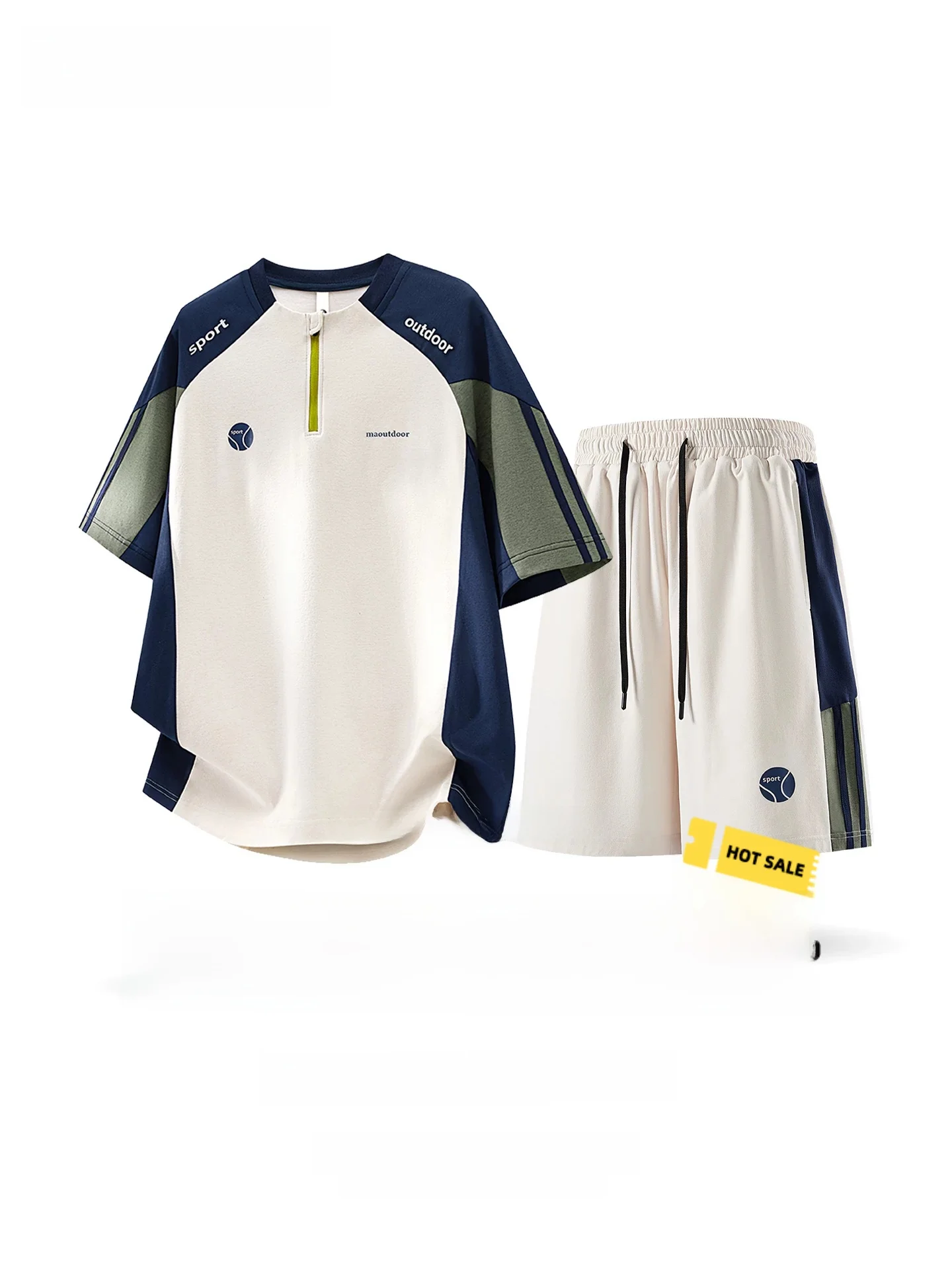 Conjunto Masculino Genio Lamode de Verão: Camiseta de Manga Curta com Meio Zíper e Bloco de Cores em Seda Gelada e Shorts - C...