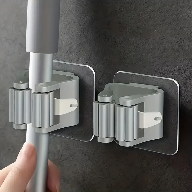 2Pc Mop Broom Holder, Household Storage Rack, Adhesive Hooks Wall Mounted, Organizer Brush Hanger, Toilet