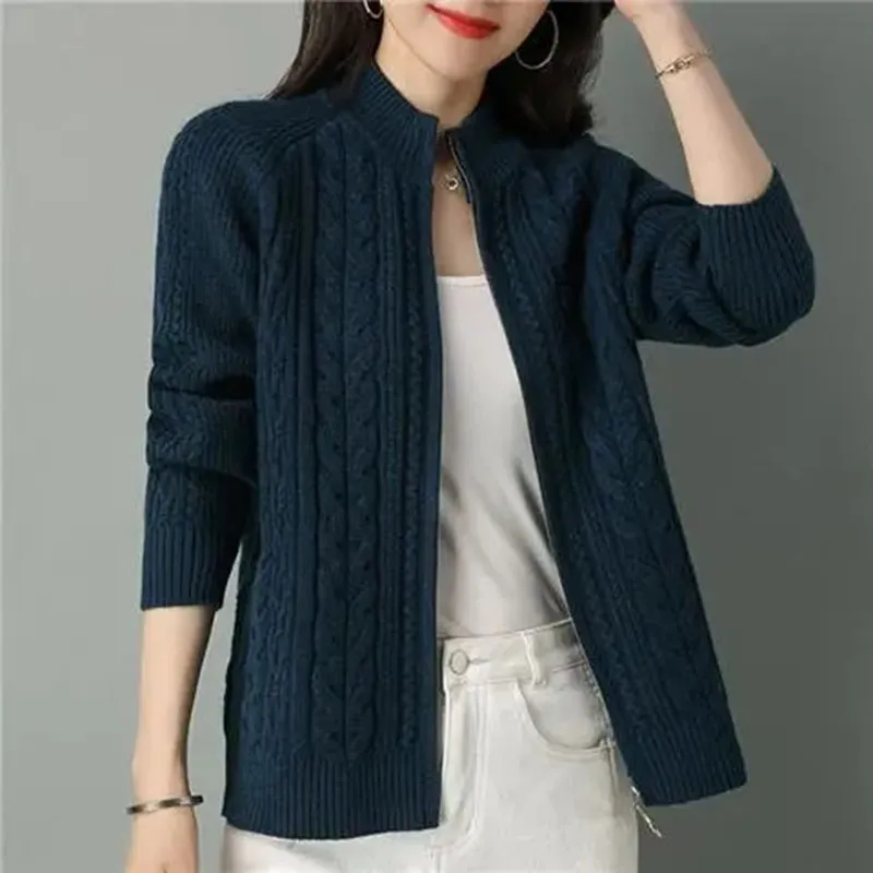 2024 Half High Collar Zipper Knitted Cardigan Jacket Women fall New korean Style  long Sleeve Cardigans Thicken Sweater Coat