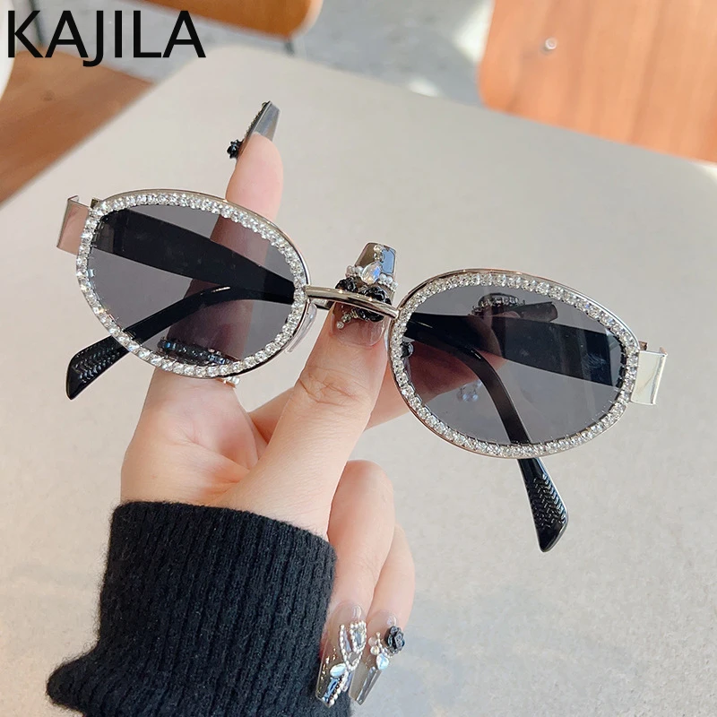 Gafas de sol ovaladas con diamantes de imitación para mujer, lentes de sol de Metal Vintage con montura pequeña, de diseñador de marca de lujo, 2024