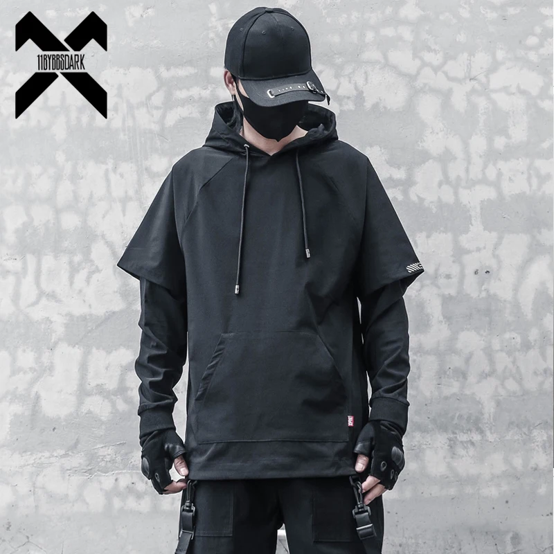 Harajuku Hoodies Men 2022 Autumn Slim Fake Two Pieces Pullover Hip Hop Streetwear Hoodies Sweatshirts Techwear Black Clothes