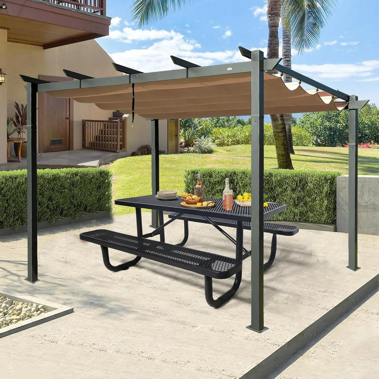 4Ft/ 6Ft Metal Picnic Tables For Outdoors, Commercial Rectangular Picnic Table And Bench Set For Outside, Patio, Garden,