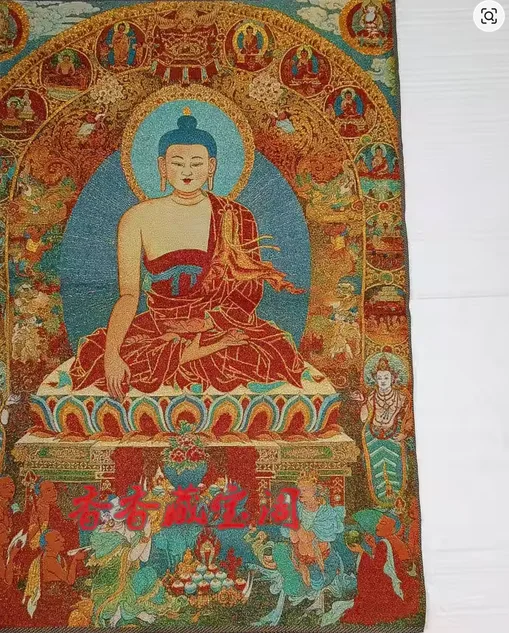 35.4″ Sakyamuni Buddha Brocade Tibetan Tangka Embroidery Painting Gold Thread Embroidery Decorative Hanging Pictures