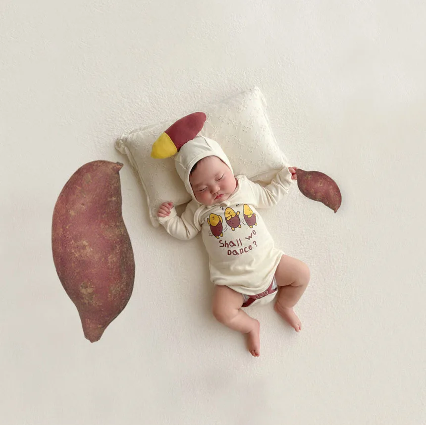 2026 Autumn New Baby Long Sleeve Bodysuit + Hat Infant Boy Girl Cute Sweet Potato Print Jumpsuit Cotton Newborn Clothes 0-24M