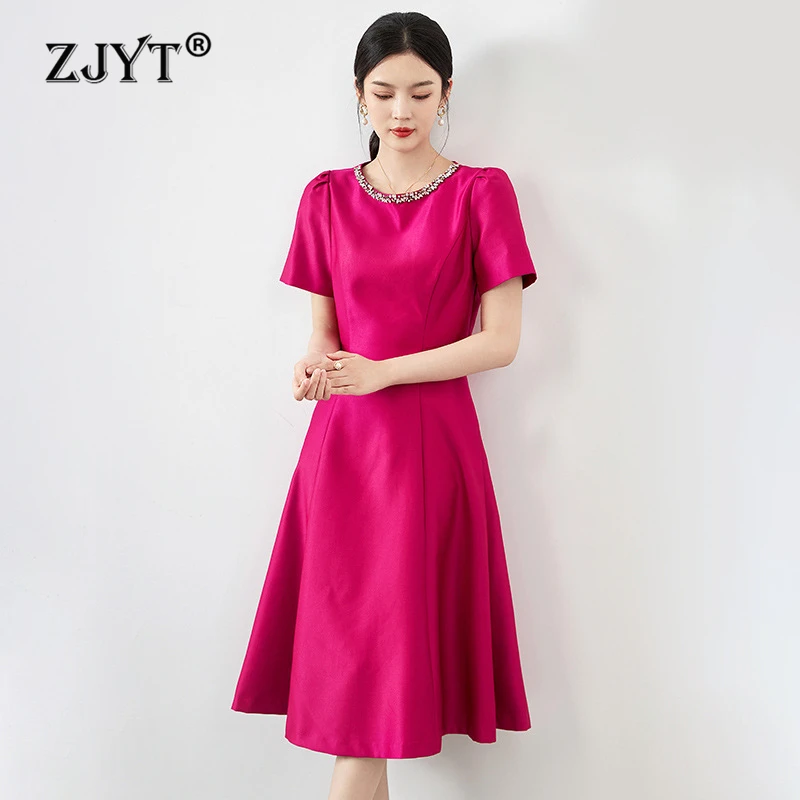 

ZJYT Summer O Neck Luxury Diamonds Prom Party Dresses for Women Designer Short Sleeve Elegant Aline Dress Rose Red Pink Vestidos