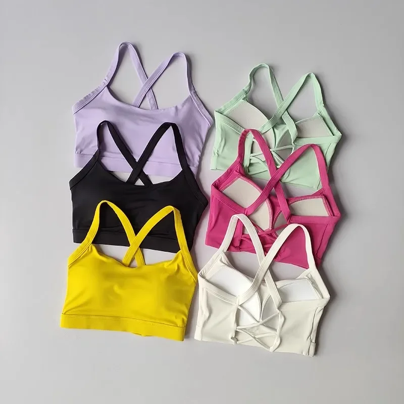 

Women's Solid Color Yoga Underwear Fitness Bra Soft Cross Back Push-Up Gym Sports Top with Chest Pad Yoga Vest Sport Crop Top