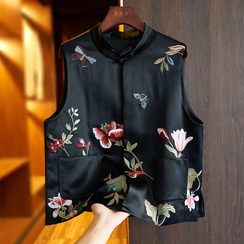 Spring autumn chinese style women vintage vest dish button top outside all match vest oriental style top floral vests qipao top