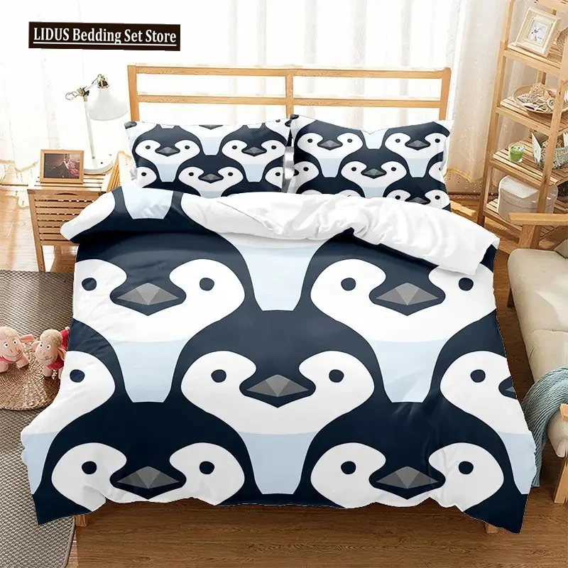 

Cartoon Penguin Duvet Cover Set For Boys Girl Animated Antarctic Animal Polyester Quilt Cover White Black King Queen Size