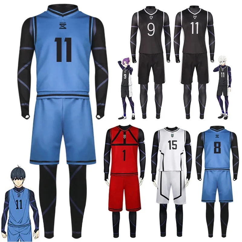 2025 newanime azul bloqueio cosplay traje camisa de futebol uniformes da equipe isagi yoichi bachira meguru mikage reo nagi esportes wear aa