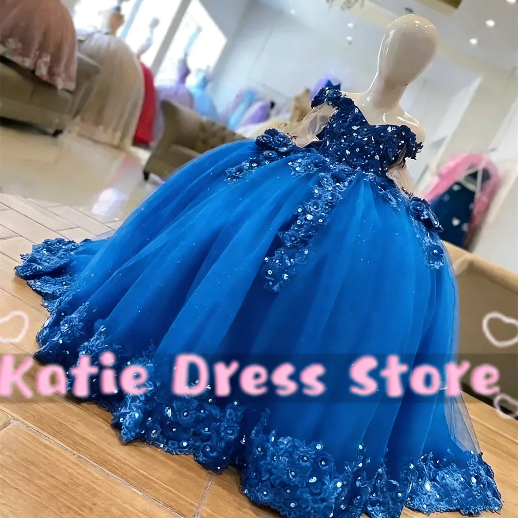 Sparkling Flower Girl Dress For Wedding Lace Applique Tulle Puffy Kids Birthday Party First Communion Ball Gowns Customized
