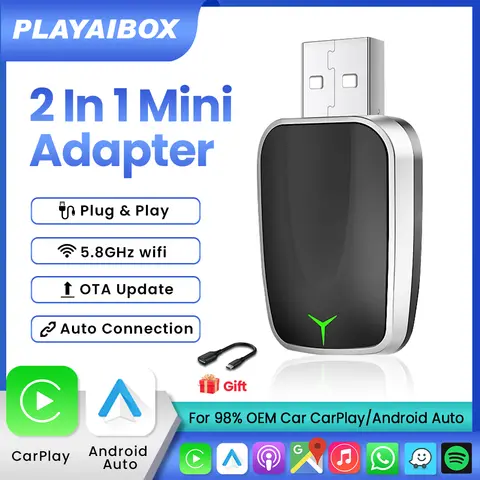 PLAYAIBOX Carplay 어댑터 무선 안드로이드 자동 2In1 동글 블루투스 플러그 앤 플레이 OEM 자동차 CarPlay/Android Auto 용 OTA 업데이트