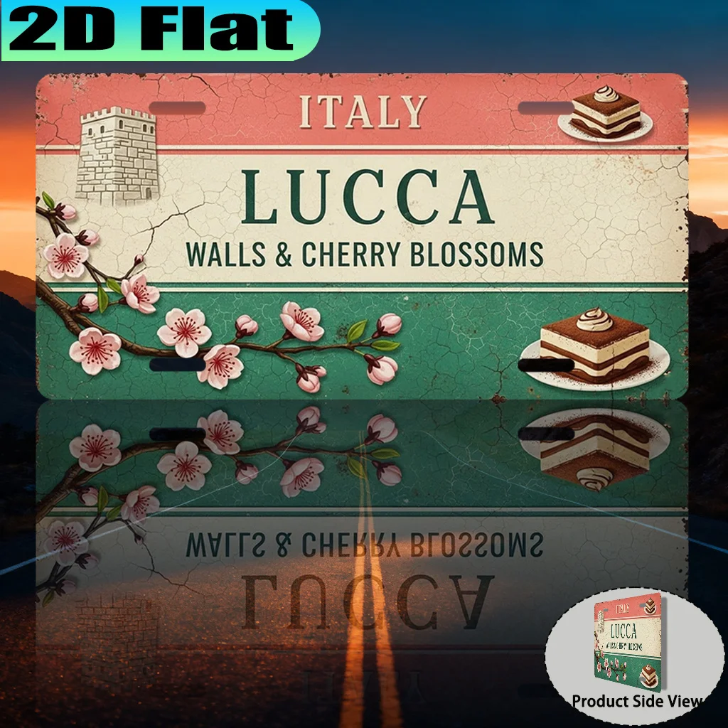 2D Flat - 【2D Flat】 2D Flat - [2D Flat] A Vintage Aluminum Sign Featuring The City Walls of Lucca, Italy, And Cherry Blossoms (3