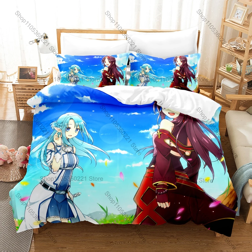 Anime Sword Art Online II Bedding Set Duvet Cover + 2 Pillowcases Stylish Character Pattern Cozy Bed Linens
