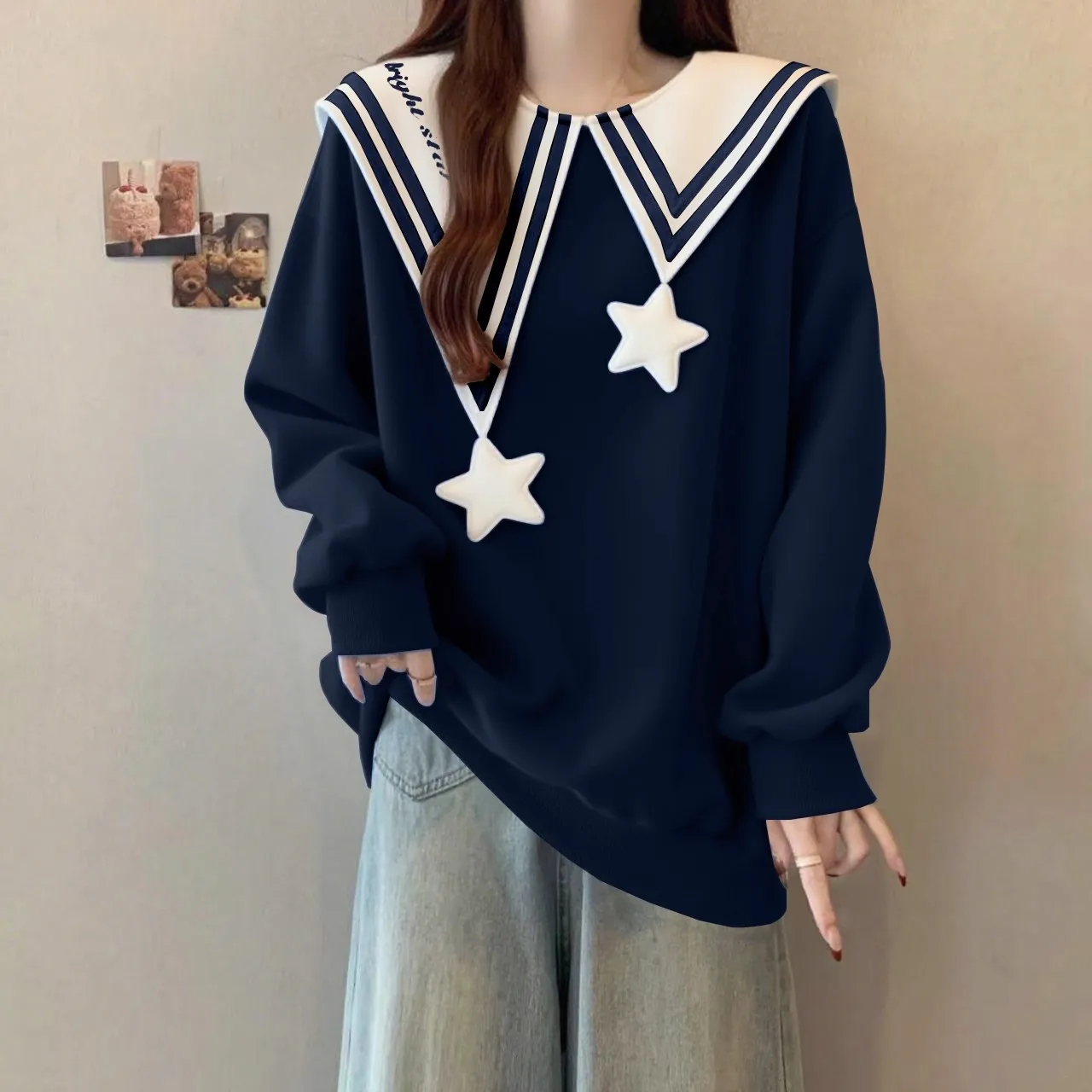 

Свободная молодежная толстовка с капюшоном и воротником цвета морской волны на флисовой подкладке для женщин больших размеров, модная, персонализированная