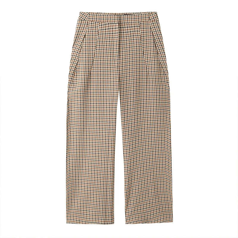 Willshela Women Fashion Plaid Front Zipper Straight Pants Vintage High Waist Full Length Female Chic Lady Trousers