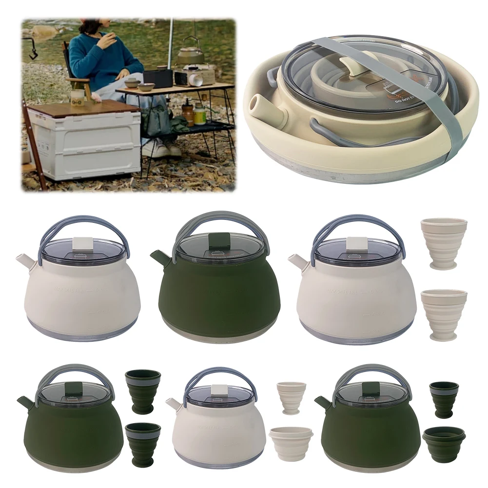 1.5L Silicone Kettle with Handle Outdoor Collapsible Kettle Stainless Steel Bottom Collapsible Water Boiler for Travel Picnic