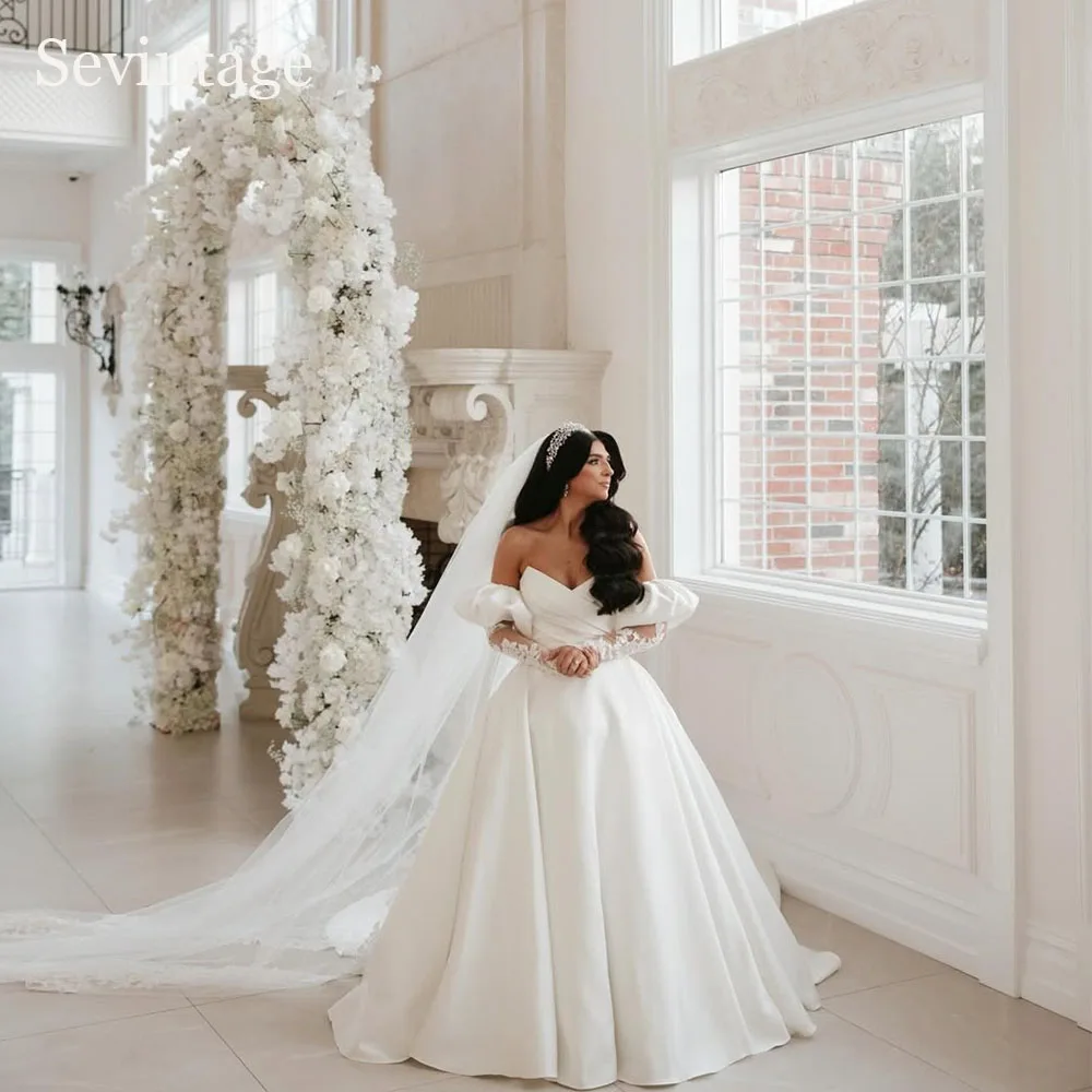 

Sevintage Simple Ivory Long Wedding Dresses Detachable Sleeves Sweetheart A-Line Bridal Gowns Formal Wedding Gowns Customized