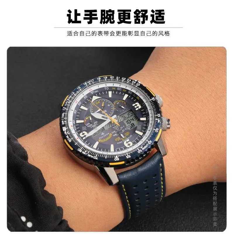 Blue color Genuine Leather Watchband Strap Men's Watchband For Citizen AT8020-54L/JY8078 with buckle Men's waterproof bracelet