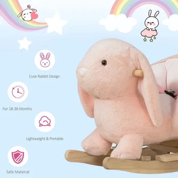 Cavallo a dondolo Qaba Rabbit, tessuto morbido peluche e base in legno, funzione sonora, comodo giocattolo da cavalcare per i più piccoli, rosa