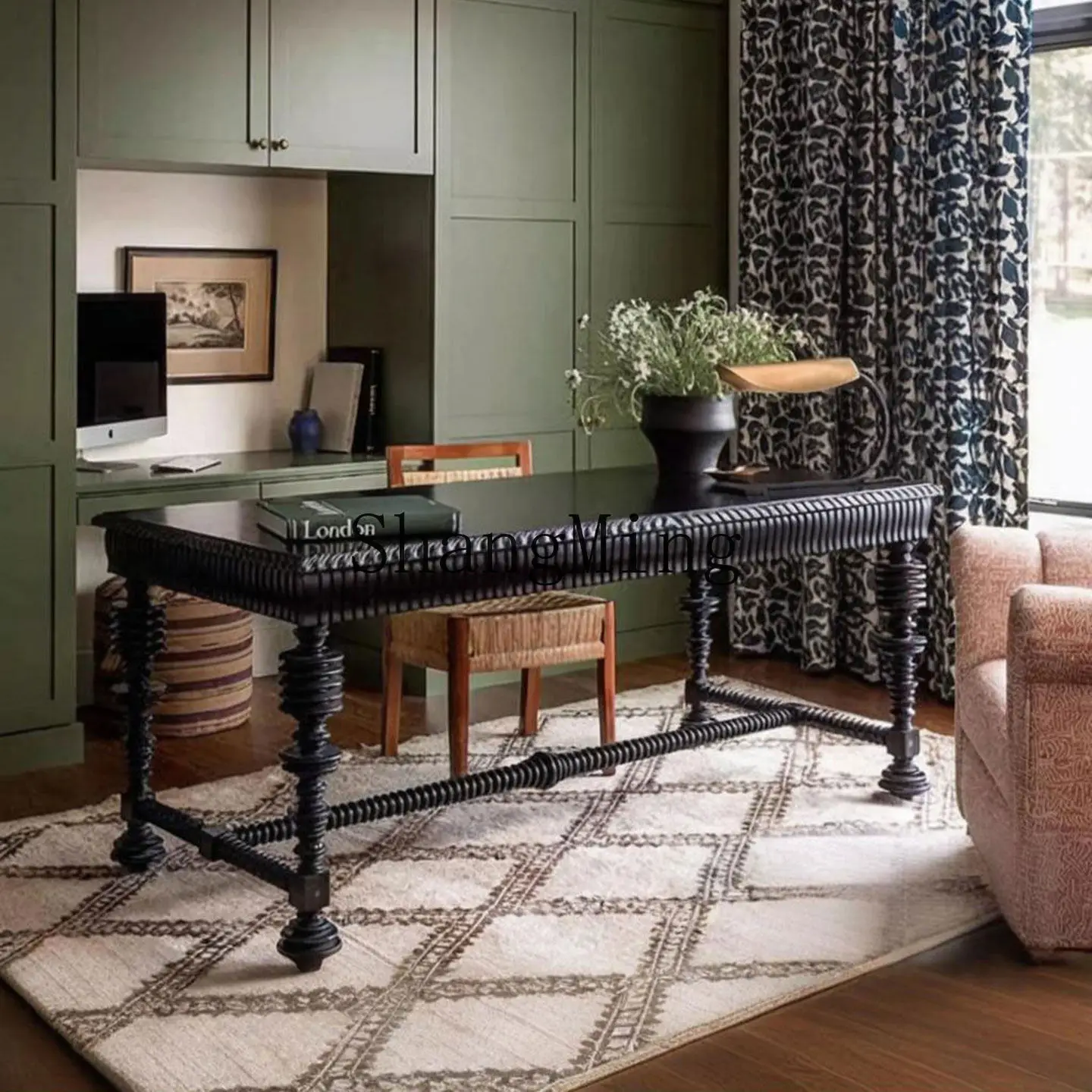 

CL Solid Wood Desk Pre-Owned Study Black Writing Desk Office Computer Desk Vintage Carved Dining Table for Home Use