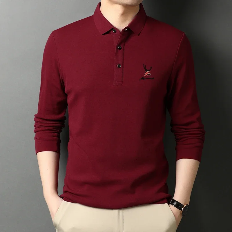 New Men\'s Casual Embroidery Long Sleeve Polo Shirt Fashion Solid Color Top