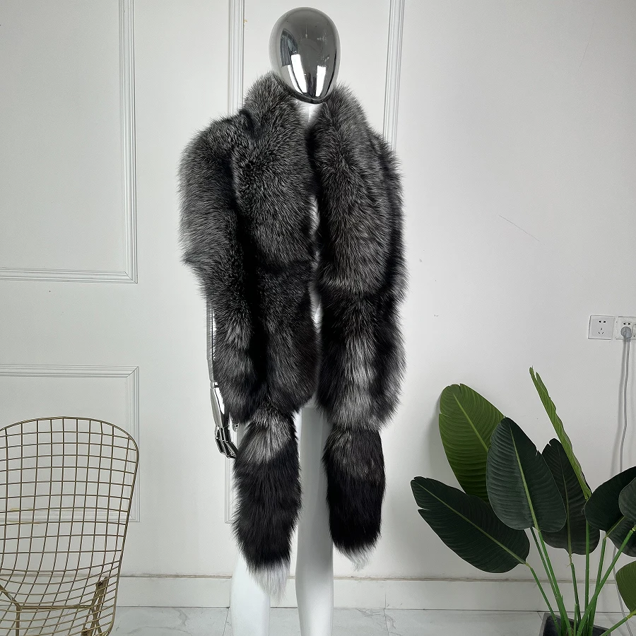 

Long Warm Natural Silver Fur Shawl With Tail Real Fox Fur Coat For Women Silver Fox Fur Cape-Etol Fashion Genuine Fur Cape