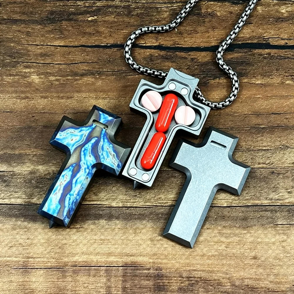 Titanium Alloy Cross EDC Necklace Pendant Waterproof Pill Box Capsule Keychain DIY Pendant Tool