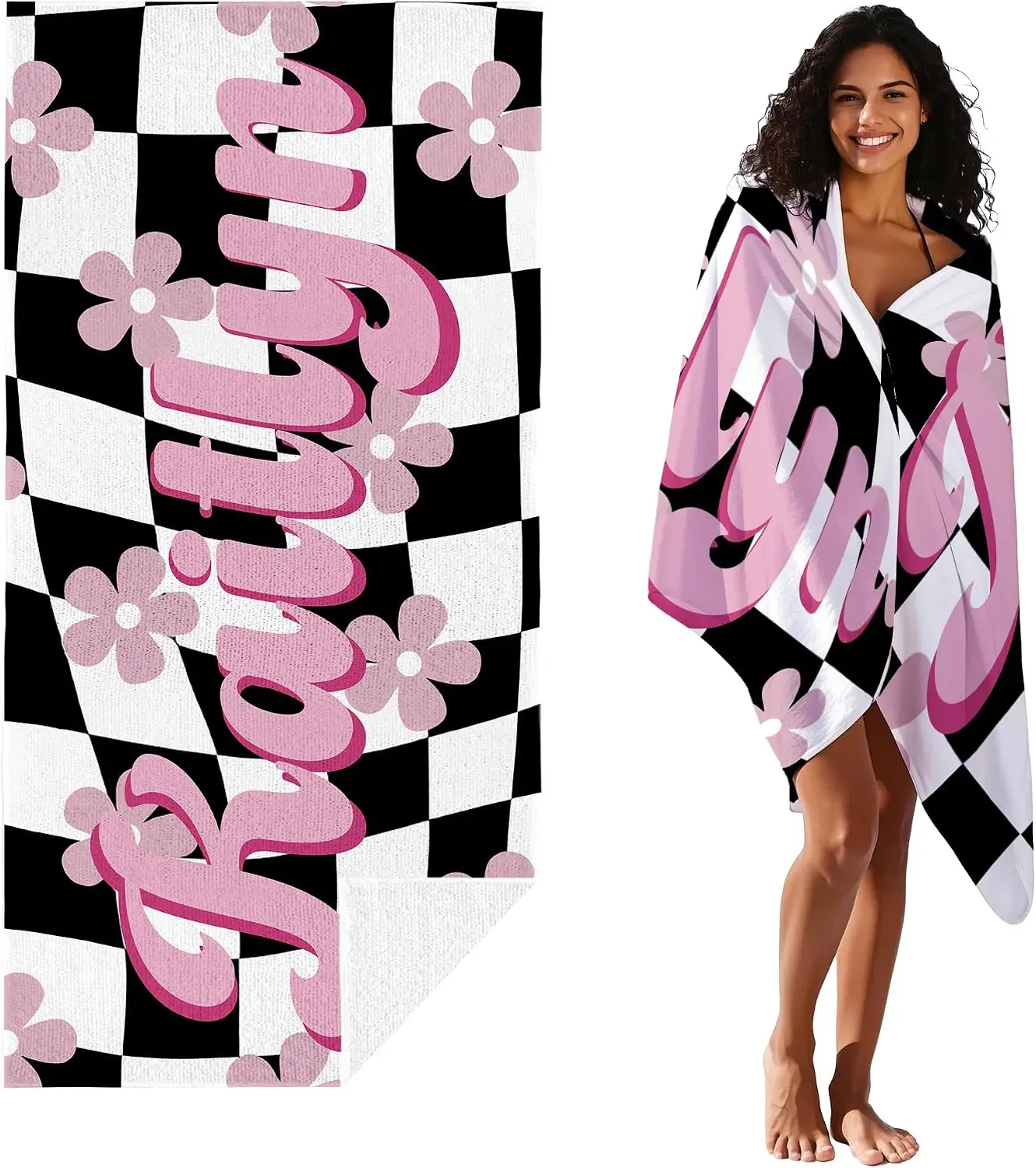 Trendy Black White Checkerboard Pattern Bath Towel Beach Wrap with Pink Floral Script Design Polyester Fabric for Bathroom Decor