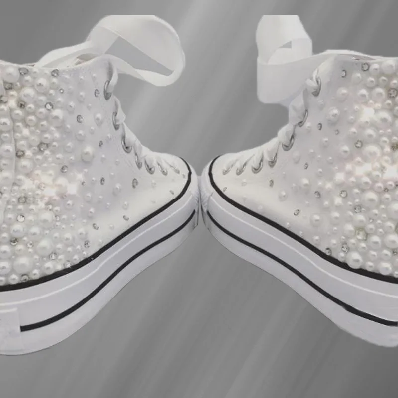 Hand-made thick soled white pearl rhinestones wedding party banquet large size canvas shoes high top casual women\'s shoes 35-40