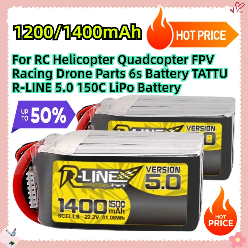 

22.2V 1200mAh/1400mAh For RC Helicopter Quadcopter FPV Racing Drone Parts 6s Battery TATTU R-LINE 5.0 150C LiPo Battery