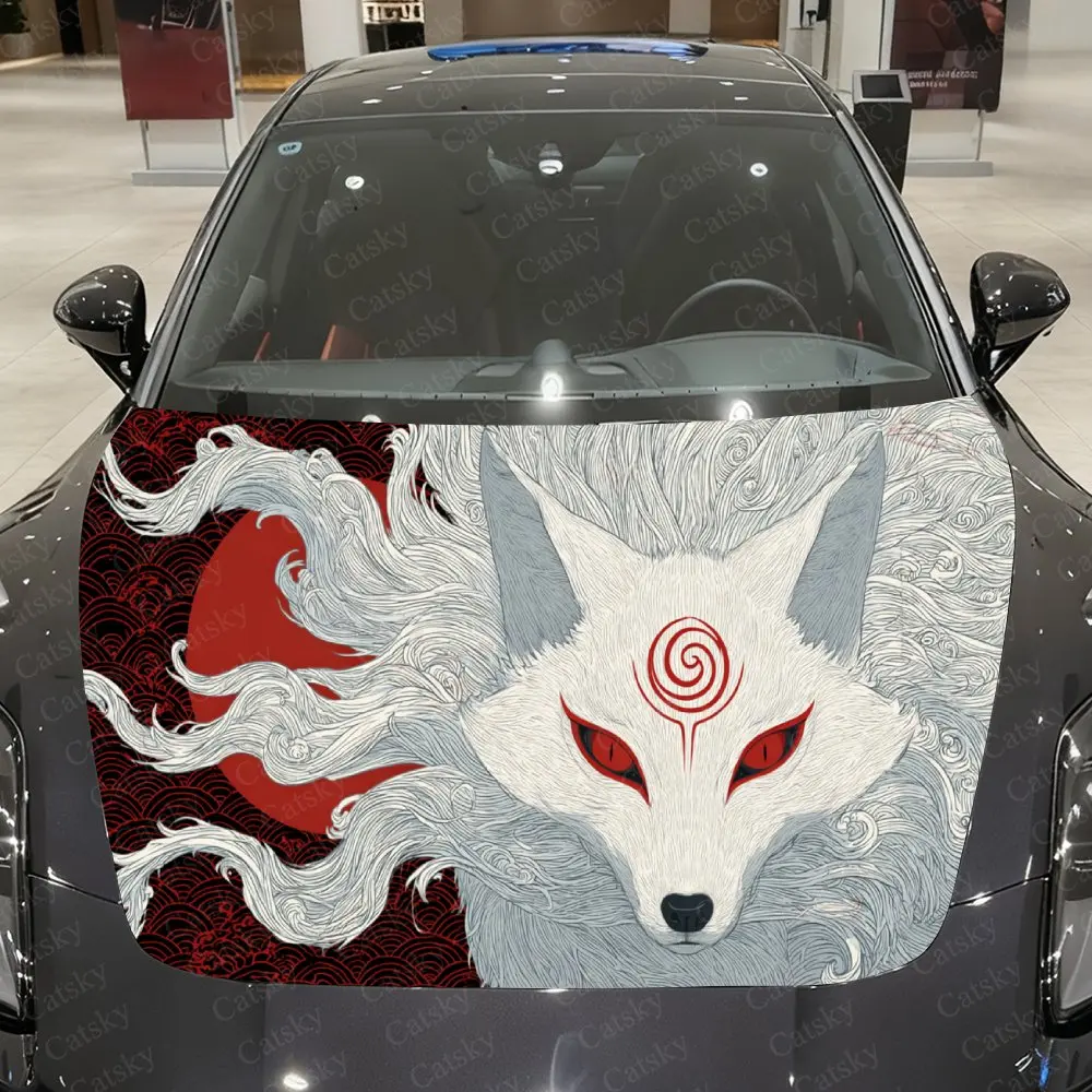 

Red Flame Cloud Pattern Nine-Tailed Fox Car Vinyl Wrap, PVC Waterproof Car Hood Sticker, Self-Adhesive Scratch-Resistant Sticker