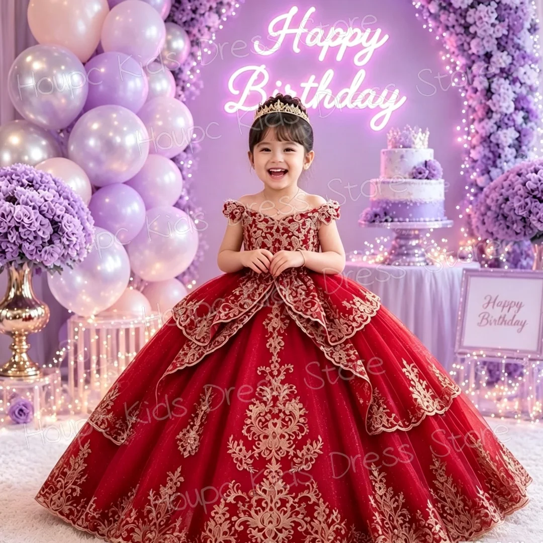 Custom Emerald Green Off-Shoulder Flower Girl Dress for First Communion, Gown withGold Embroidered Ball  Tiered Skirt & Crown, C