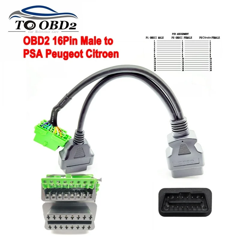 NEW OBD2 16Pin Male to PSA Extension Cable for Peugeot Citroen Original Connector with Logo 1/2 Length Car Diagnostic Tool