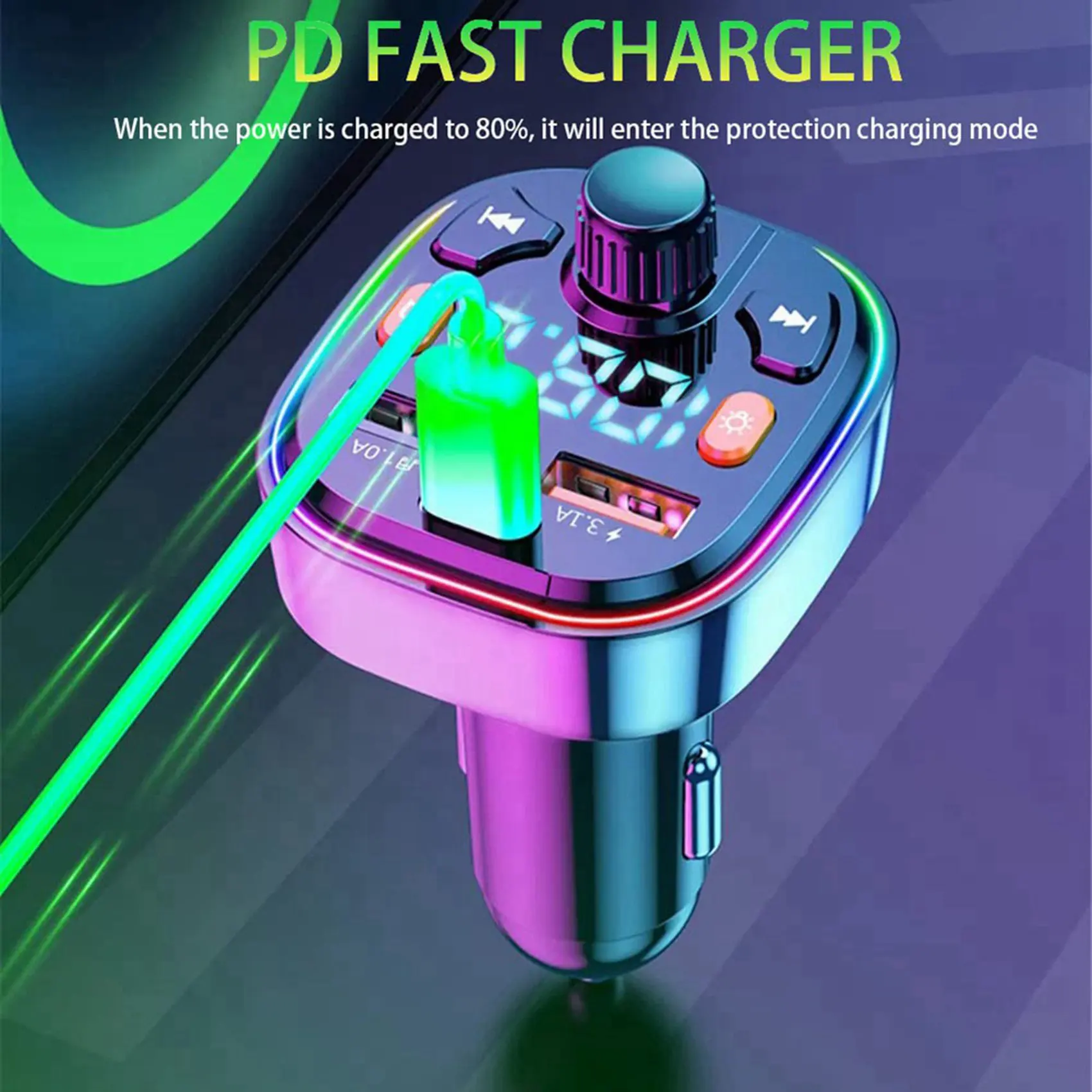 FULL-2X Bluetooth FM Transmitter For Car - Dual USB Port And Type-C PD Car Charger, 7 Colors LED Backlit, MP3 Music Player