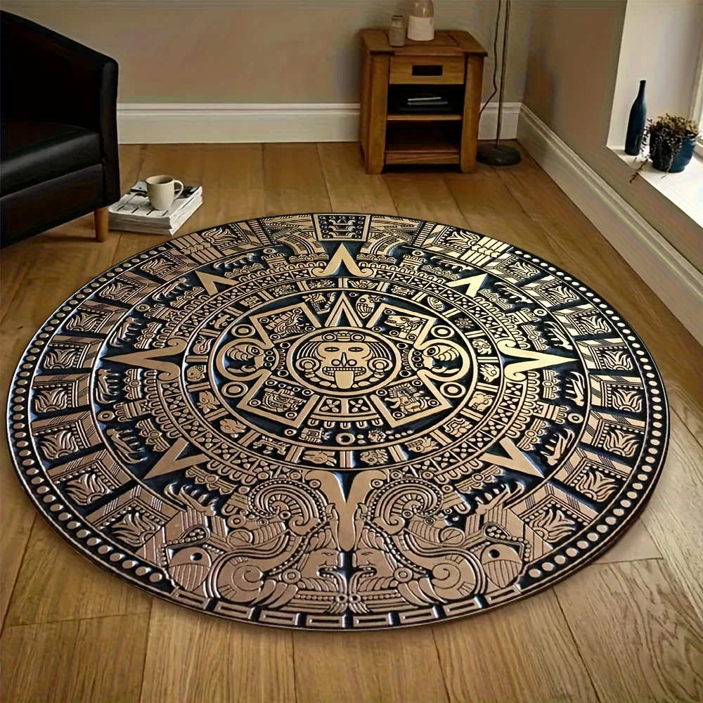 Retro Aztec Sun Calendar Round Rug Mayan Culture 3D Print Non-slip Floor Mat for Living Room Bedroom Mystical Home Decor Carpet