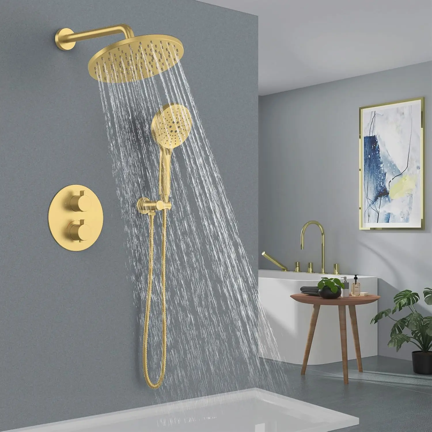 Wall Mount Thermostatic Shower System 10 Inch Rainfall Shower Head Handheld Brushed Gold Faucet Mixer Trim Kit Includes Valve