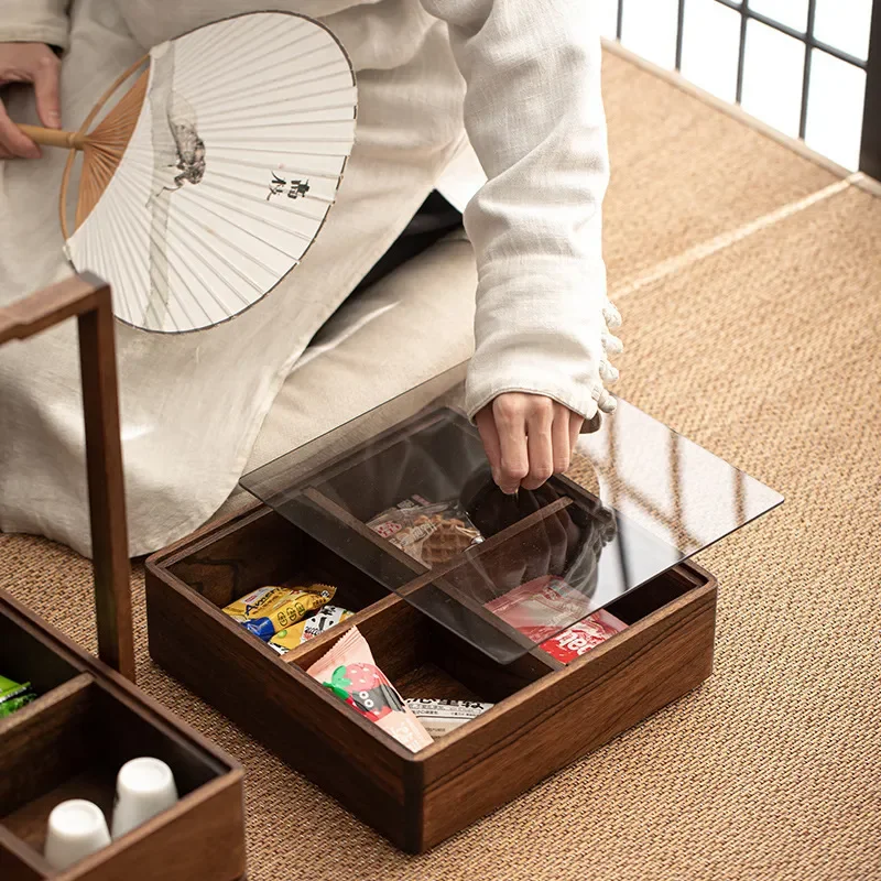 Portable Black Walnut Tea Storage Box Single Layer Wooden Carrying Case for Chinese Food Basket Natural Wood Gift Box