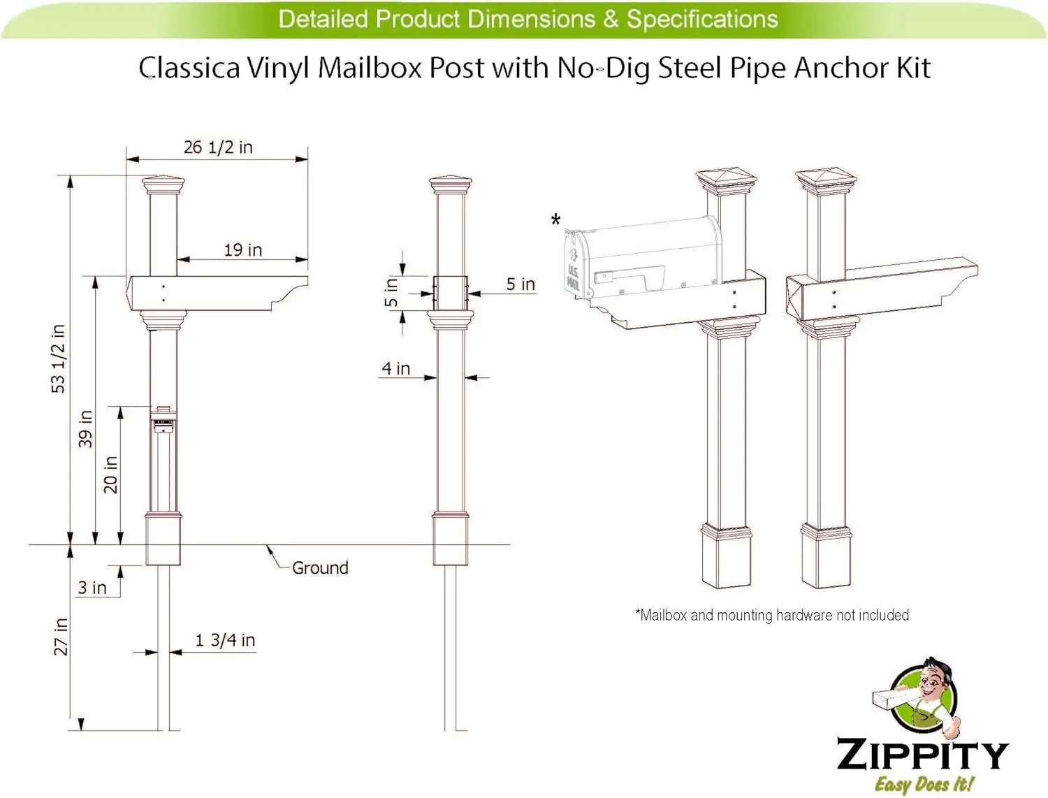 Zippity Outdoor Products ZP19013 Classica Mailbox Post White Post Box Garden Outdoor Supplies