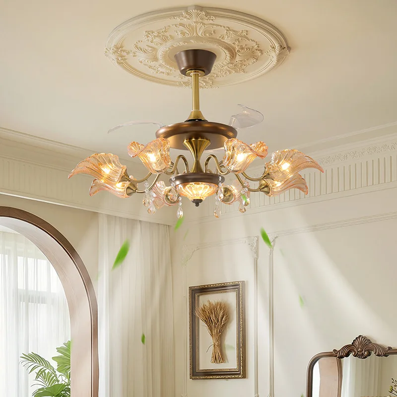 French Amber Tulip Ceiling Fan Light Retro Romantic Soft Light Eye Protection Living Room Dining Room Invisible Fan Light
